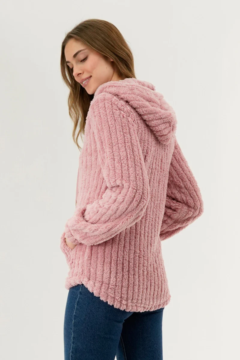 Fahrenheit Plush Hooded Zip Up Lightweight Jacket - Pink - Image 3