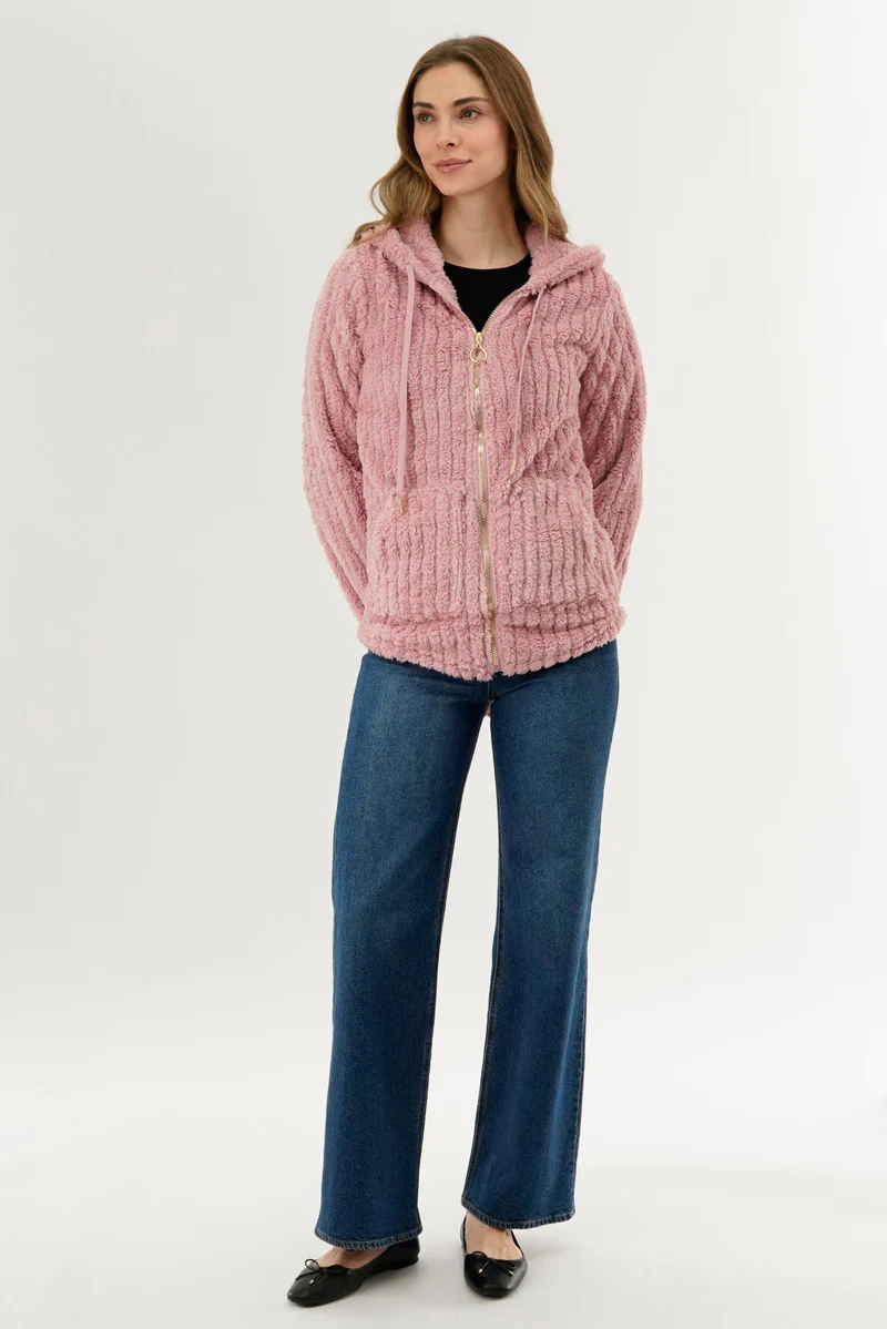 Fahrenheit Plush Hooded Zip Up Lightweight Jacket - Pink - Image 5