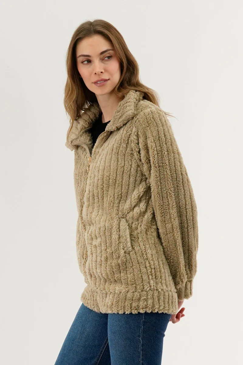Fahrenheit Plush Zip Up Teddy Lightweight Jacket - Beige - Image 2
