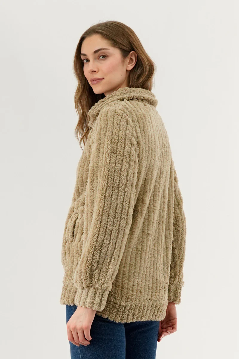 Fahrenheit Plush Zip Up Teddy Lightweight Jacket - Beige - Image 3