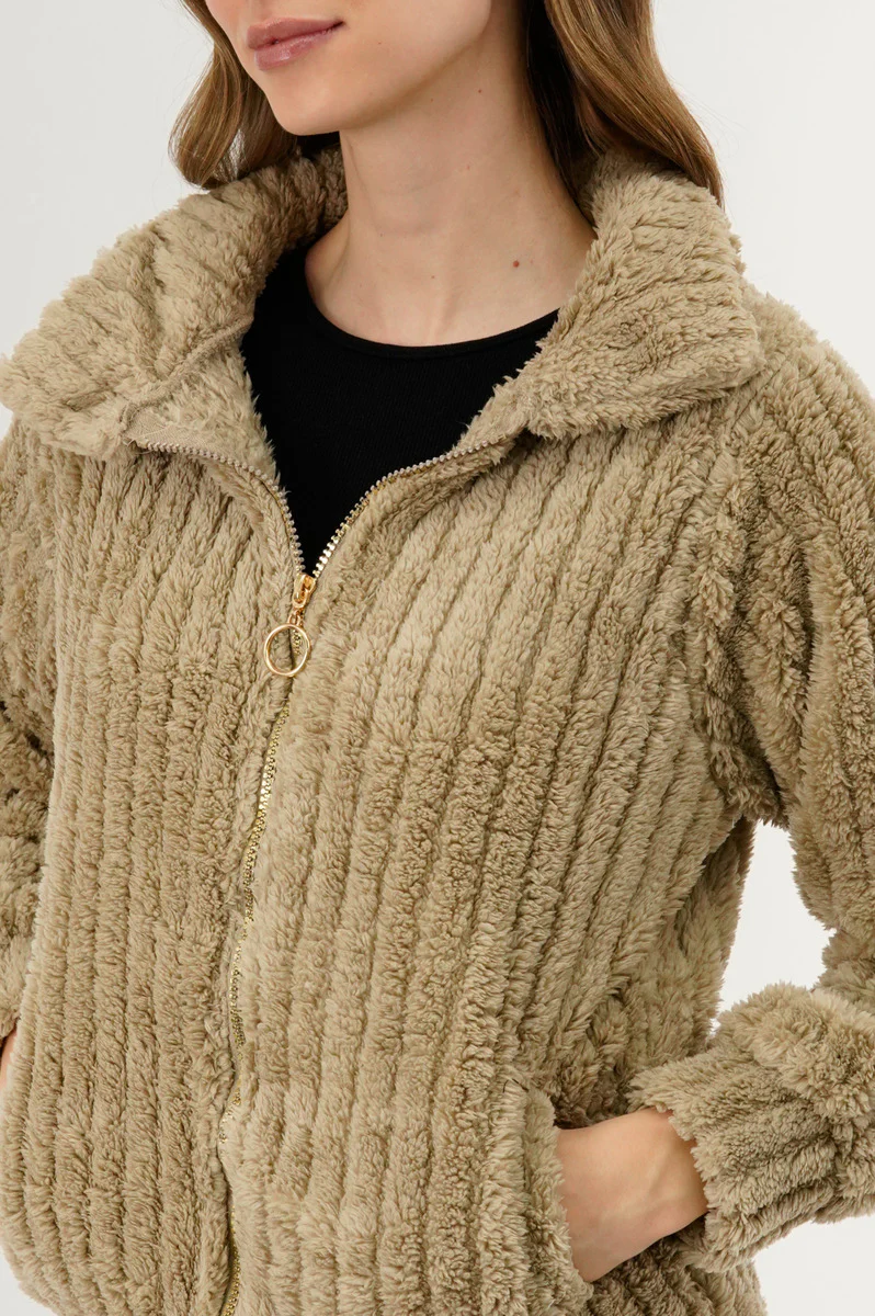 Fahrenheit Plush Zip Up Teddy Lightweight Jacket - Beige - Image 4