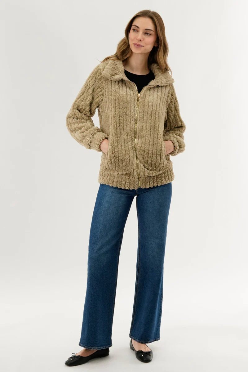Fahrenheit Plush Zip Up Teddy Lightweight Jacket - Beige - Image 5
