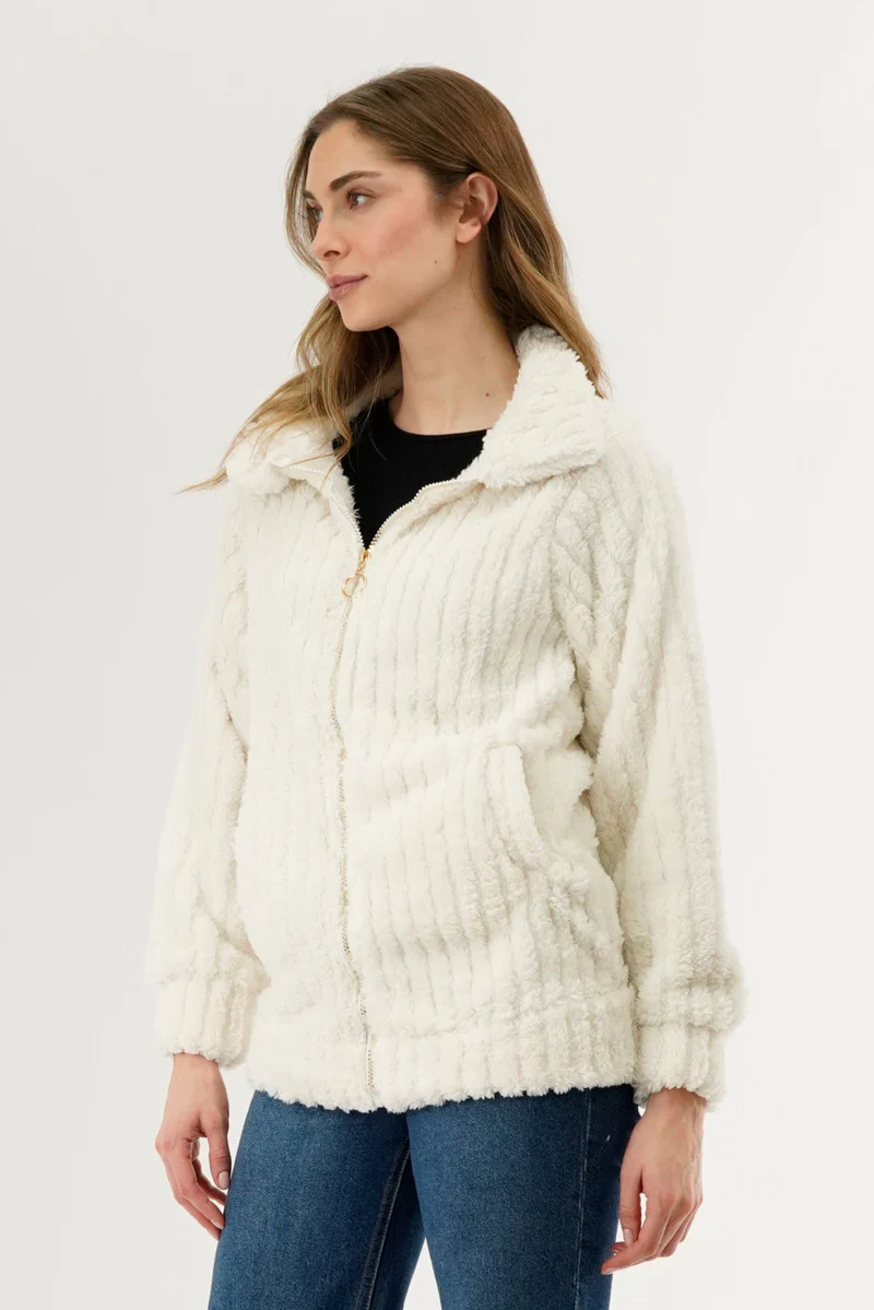 Fahrenheit Plush Zip Up Teddy Lightweight Jacket - White - Image 2