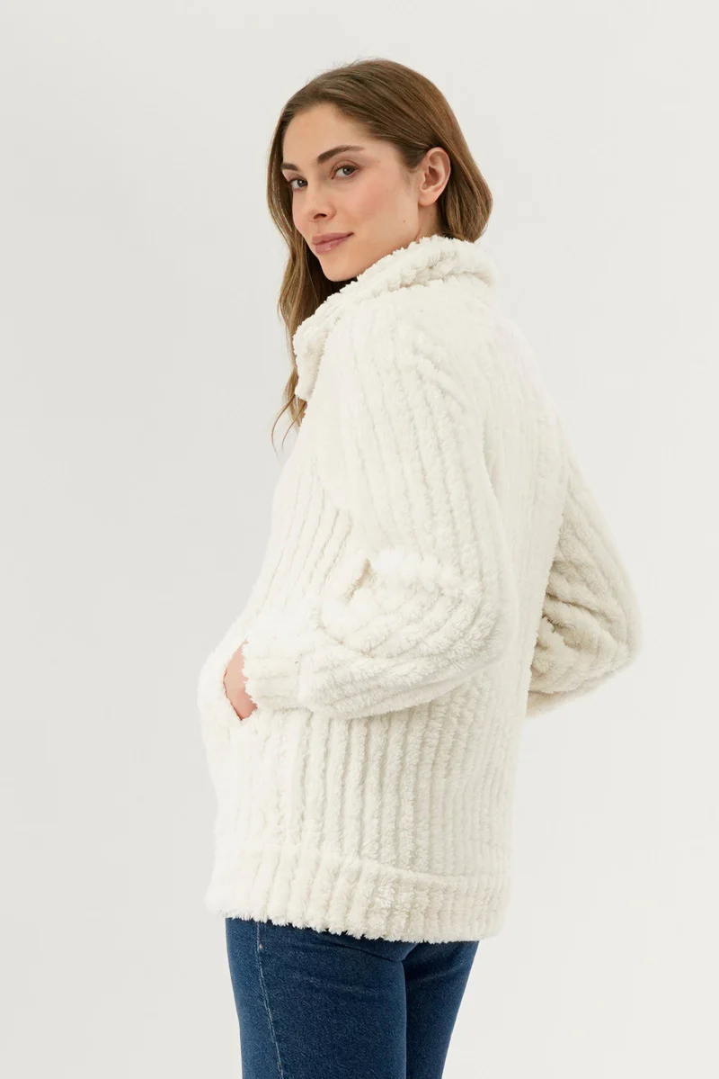 Fahrenheit Plush Zip Up Teddy Lightweight Jacket - White - Image 3