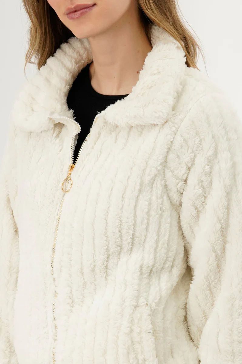 Fahrenheit Plush Zip Up Teddy Lightweight Jacket - White - Image 4