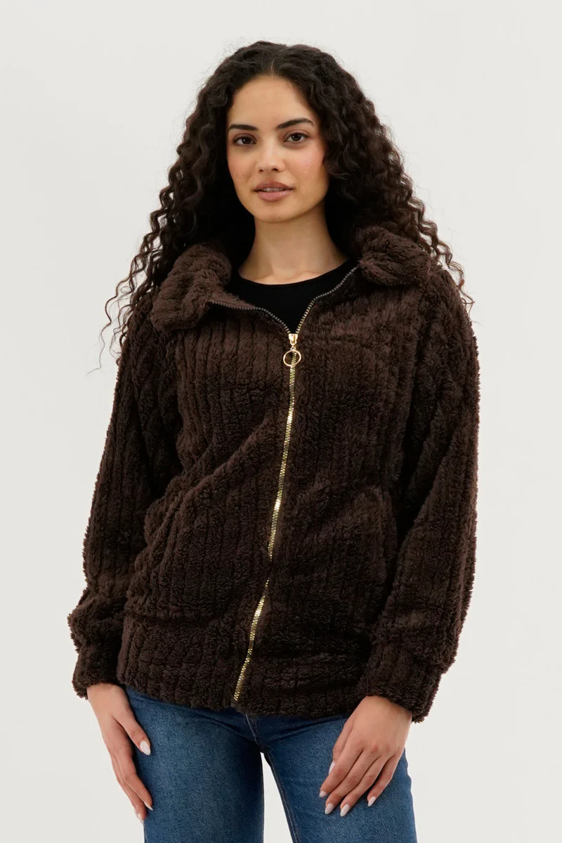 Fahrenheit Plush Zip Up Teddy Lightweight Jacket - Brown
