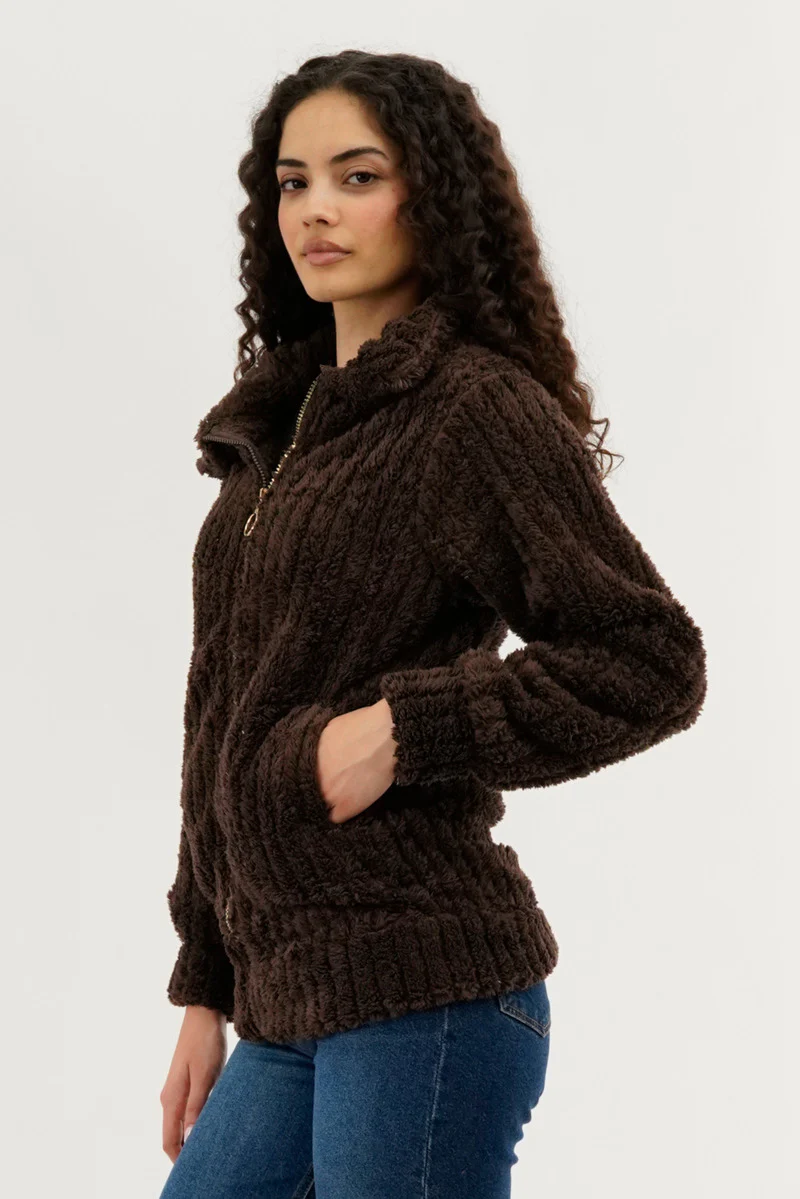 Fahrenheit Plush Zip Up Teddy Lightweight Jacket - Brown - Image 2