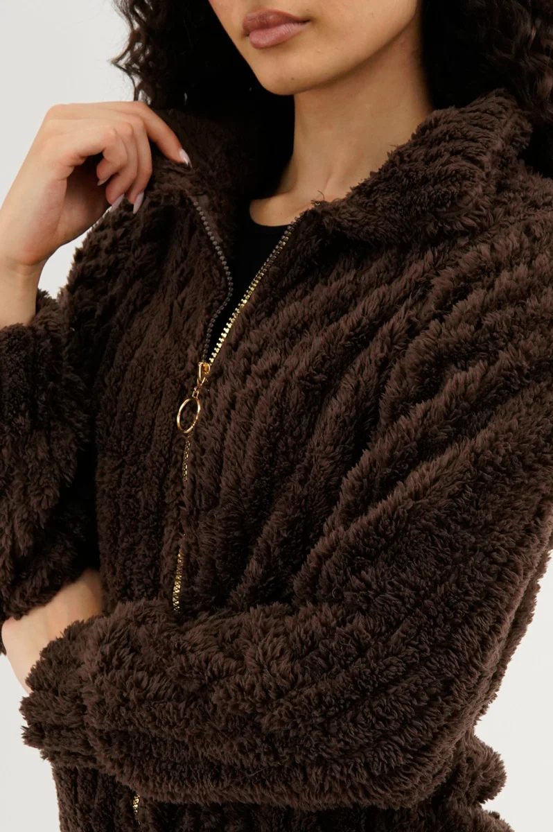 Fahrenheit Plush Zip Up Teddy Lightweight Jacket - Brown - Image 4