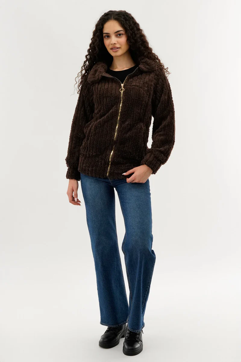 Fahrenheit Plush Zip Up Teddy Lightweight Jacket - Brown - Image 5