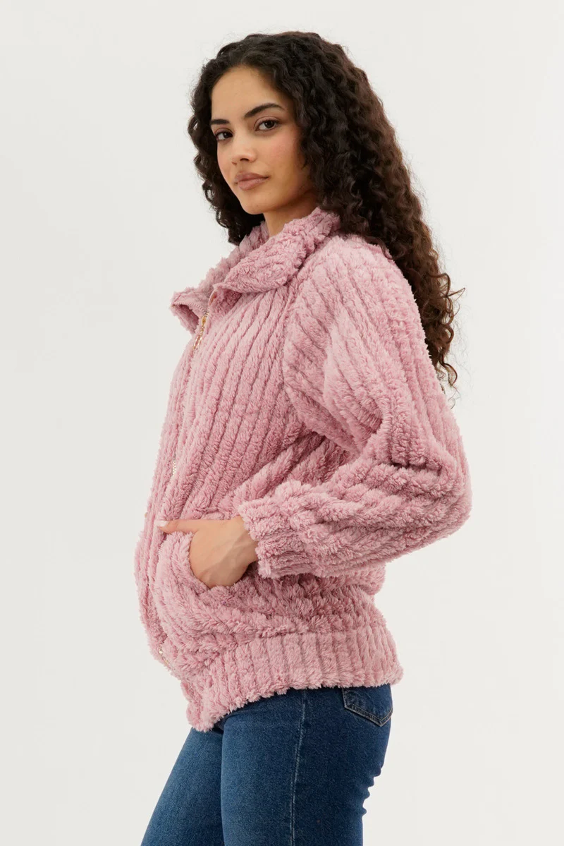 Fahrenheit Plush Zip Up Teddy Lightweight Jacket - Pink - Image 2