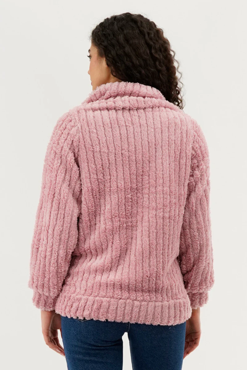 Fahrenheit Plush Zip Up Teddy Lightweight Jacket - Pink - Image 3