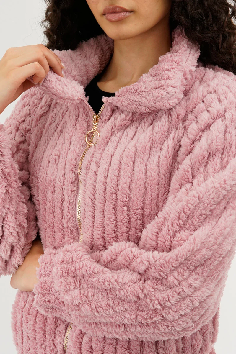 Fahrenheit Plush Zip Up Teddy Lightweight Jacket - Pink - Image 4