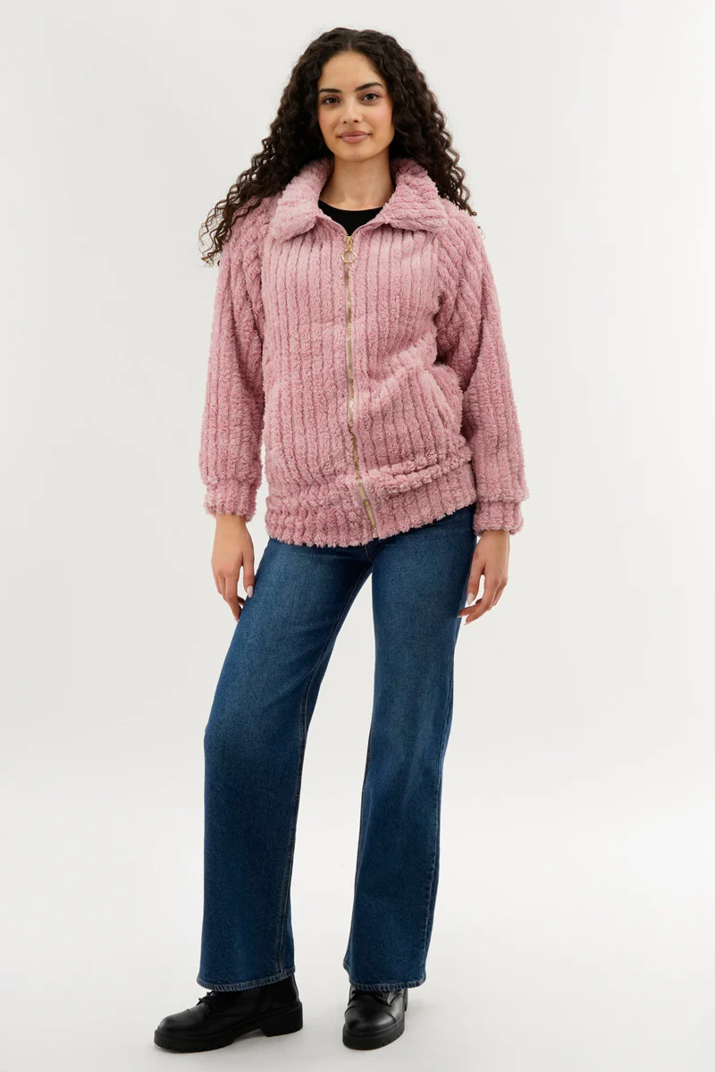 Fahrenheit Plush Zip Up Teddy Lightweight Jacket - Pink - Image 5