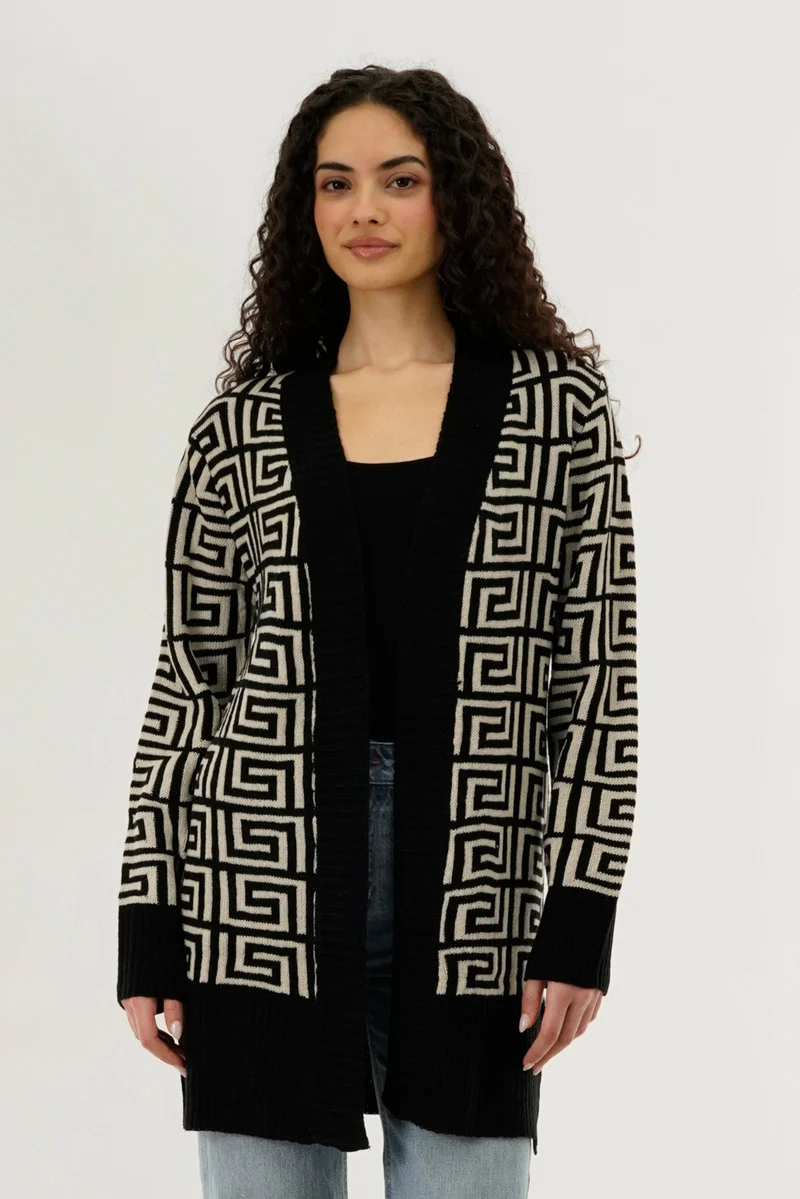Beechers Brook Long Printed Open Cardigan - Beige