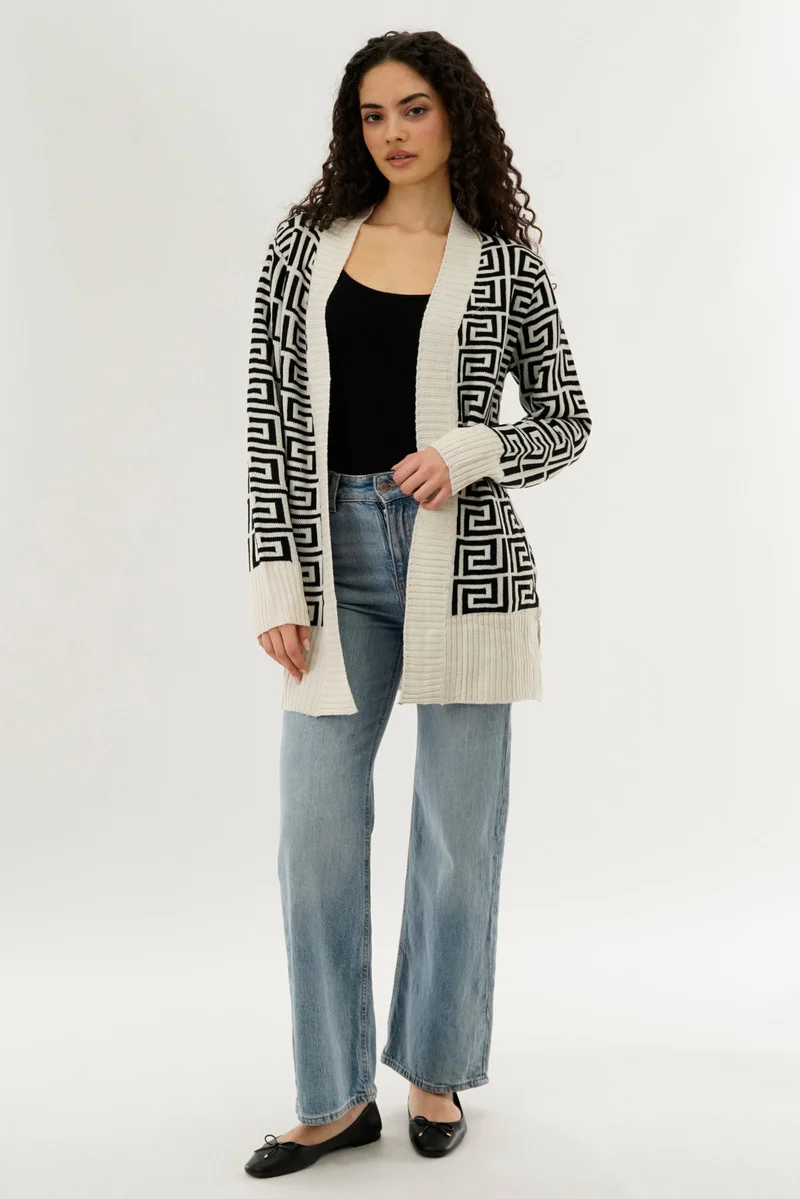 Beechers Brook Long Printed Open Cardigan - Cream - Image 5