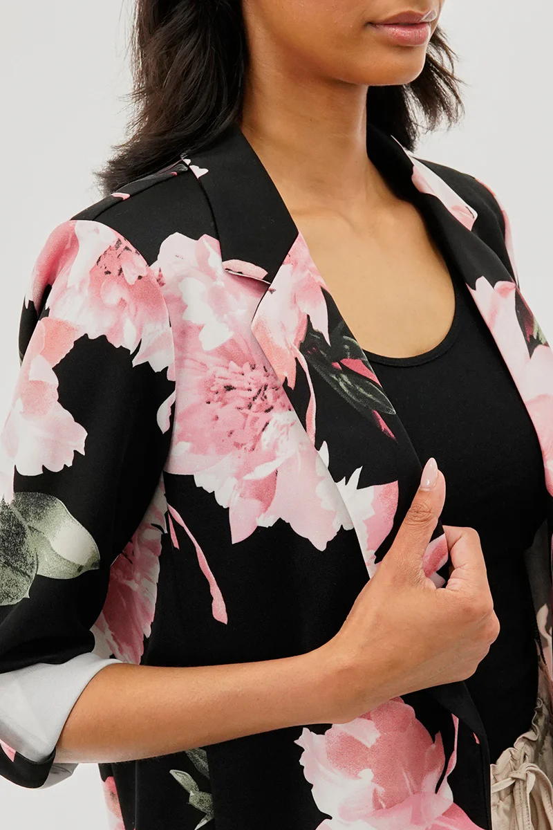 Costa Blanca Floral Roll Up Sleeve Open Blazer - Black - Image 4