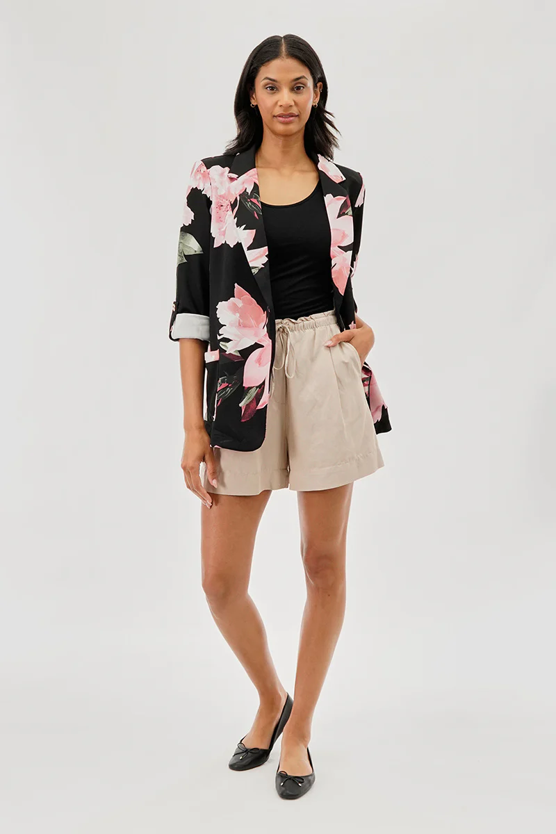 Costa Blanca Floral Roll Up Sleeve Open Blazer - Black - Image 5