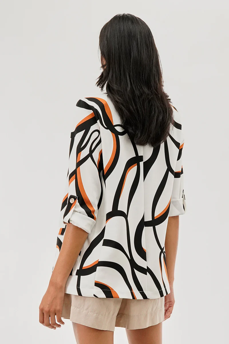 Costa Blanca Patterned Roll Up Sleeve Open Blazer - White - Image 3