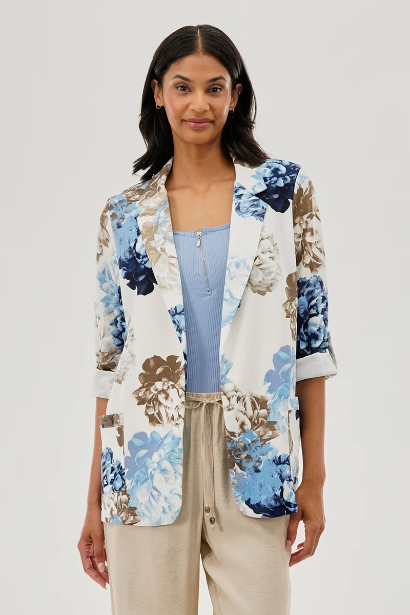 Costa Blanca Floral Roll Up Sleeve Open Blazer - Blue