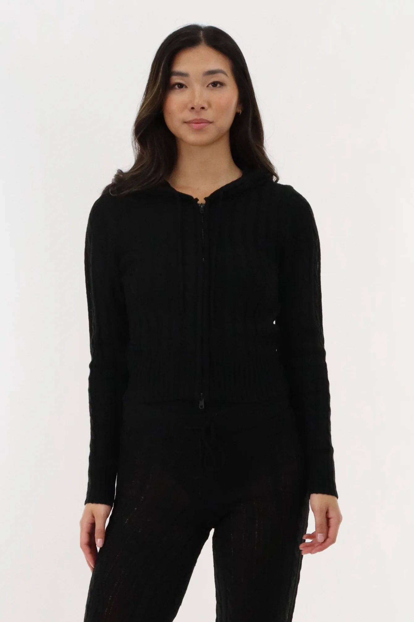 Runaway Bay Cable Knit Zip Up Cardigan - Black