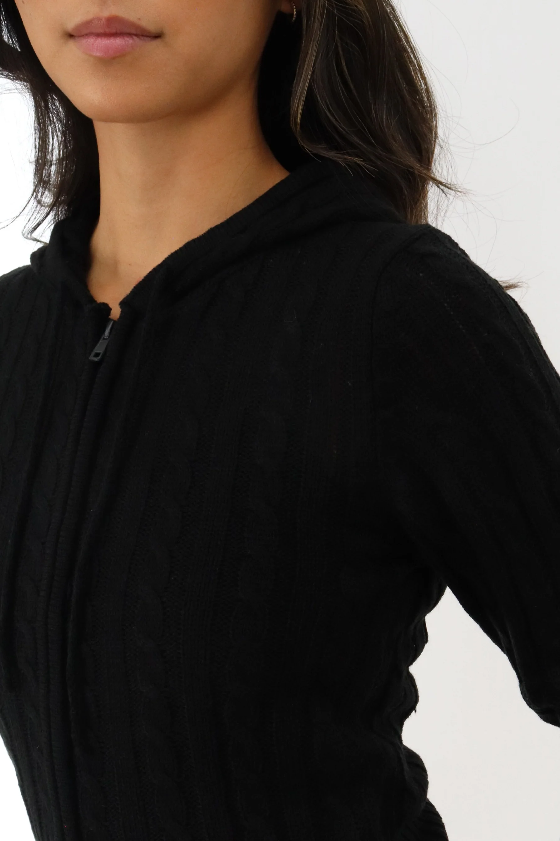 Runaway Bay Cable Knit Zip Up Cardigan - Black - Image 4