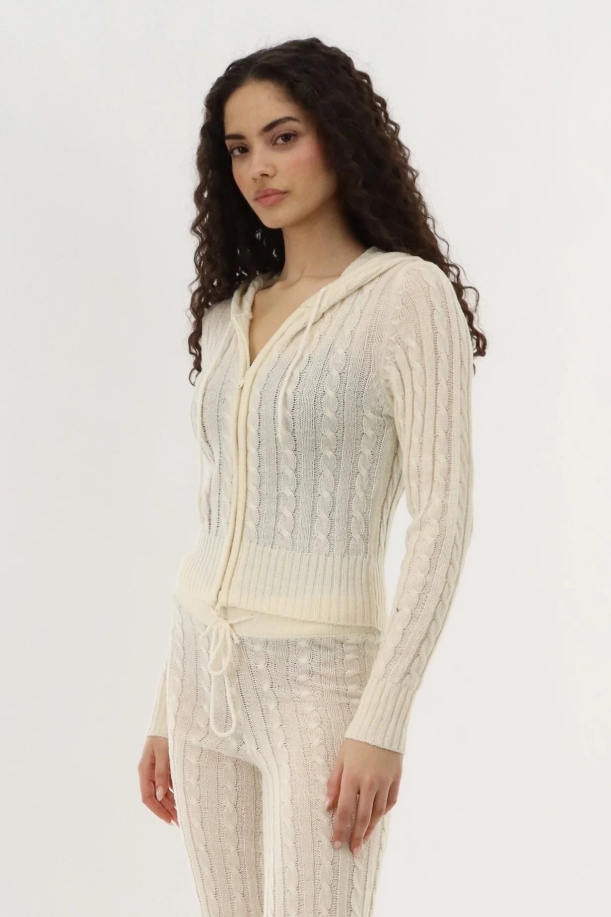 Runaway Bay Cable Knit Zip Up Cardigan - Cream - Image 2
