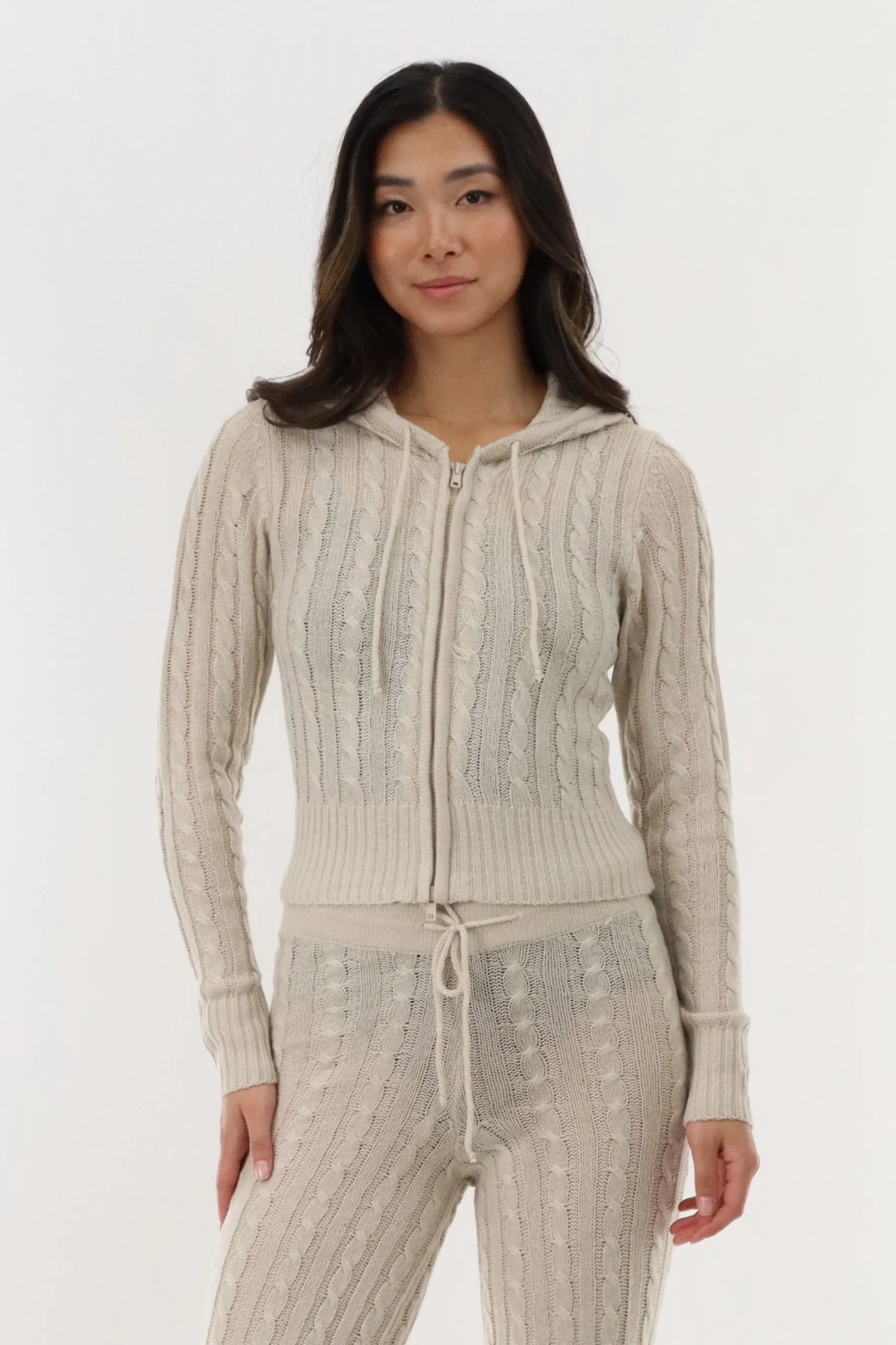 Runaway Bay Cable Knit Zip Up Cardigan - Stone