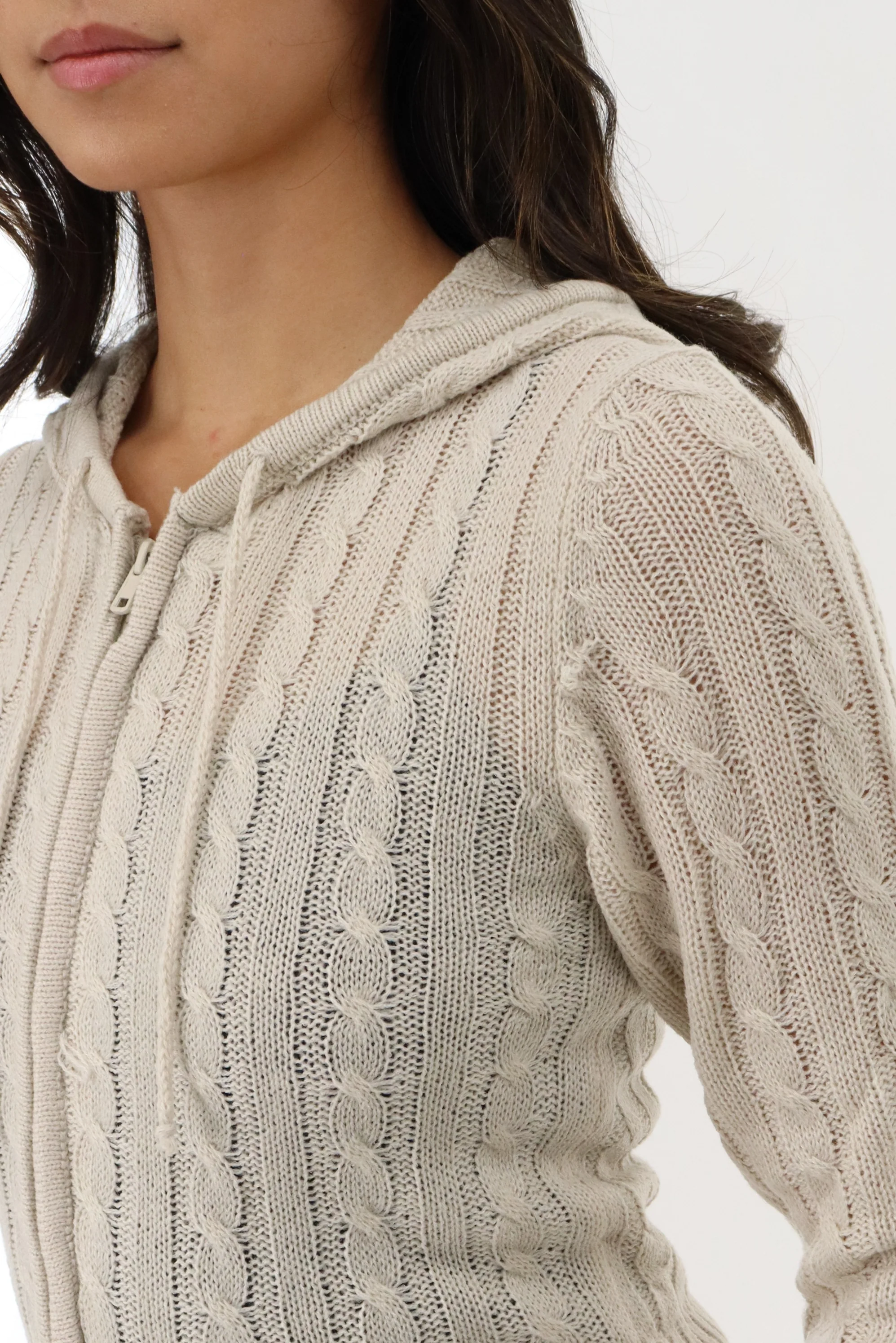 Runaway Bay Cable Knit Zip Up Cardigan - Stone - Image 4