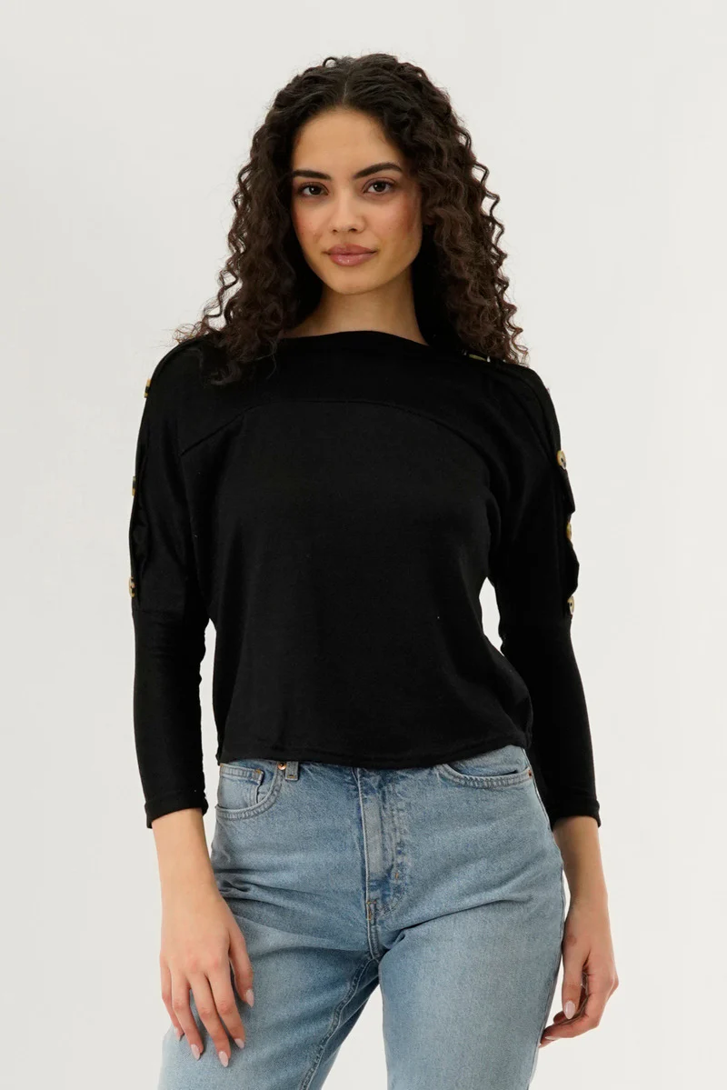 International INC Company Boat Neck Shoulder Button Pullover Sweater - Black