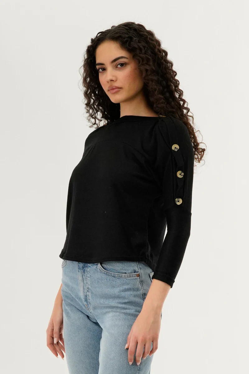 International INC Company Boat Neck Shoulder Button Pullover Sweater - Black - Image 2