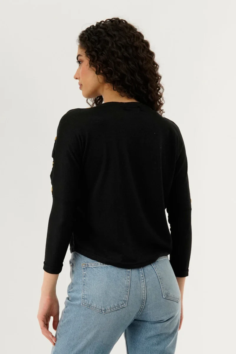 International INC Company Boat Neck Shoulder Button Pullover Sweater - Black - Image 3