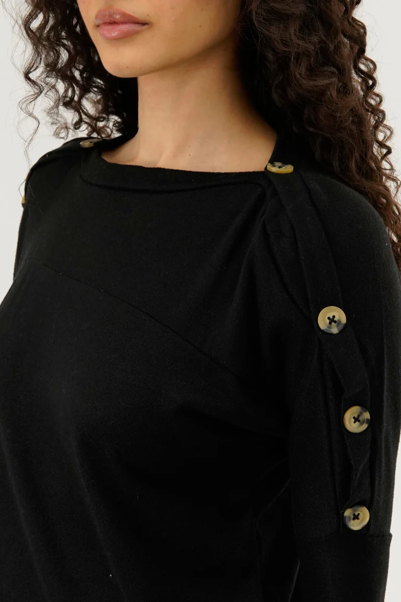 International INC Company Boat Neck Shoulder Button Pullover Sweater - Black - Image 4