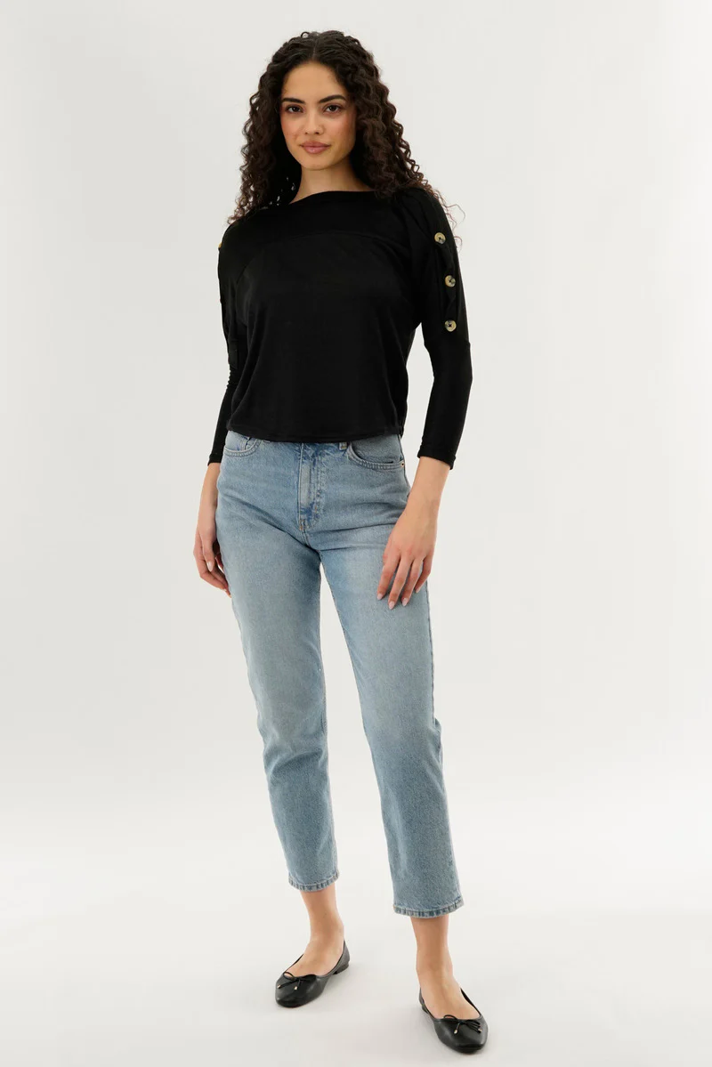 International INC Company Boat Neck Shoulder Button Pullover Sweater - Black - Image 5