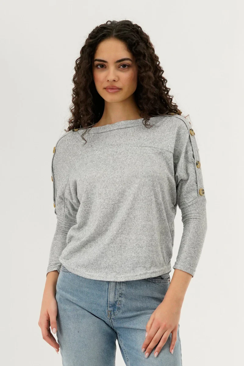 International INC Company Boat Neck Shoulder Button Pullover Sweater - Grey