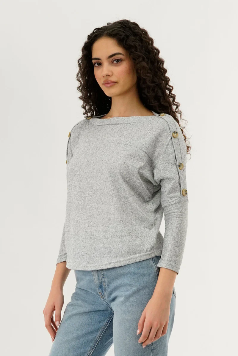 International INC Company Boat Neck Shoulder Button Pullover Sweater - Grey - Image 2