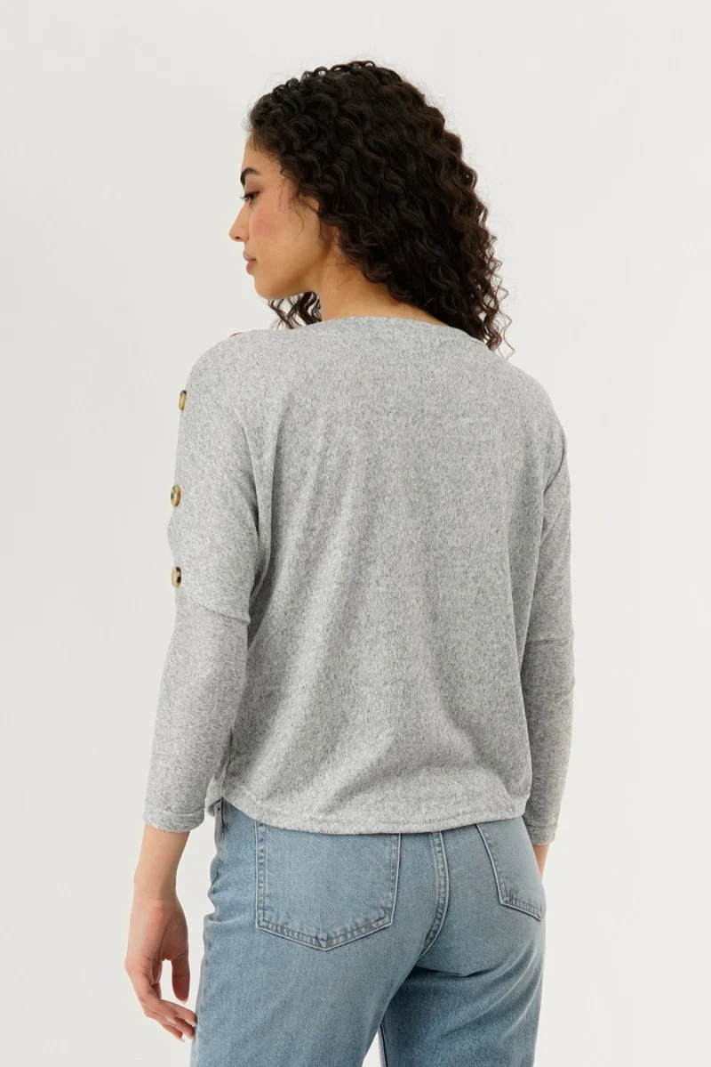 International INC Company Boat Neck Shoulder Button Pullover Sweater - Grey - Image 3