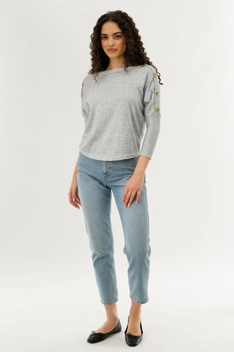 International INC Company Boat Neck Shoulder Button Pullover Sweater - Grey - Image 5