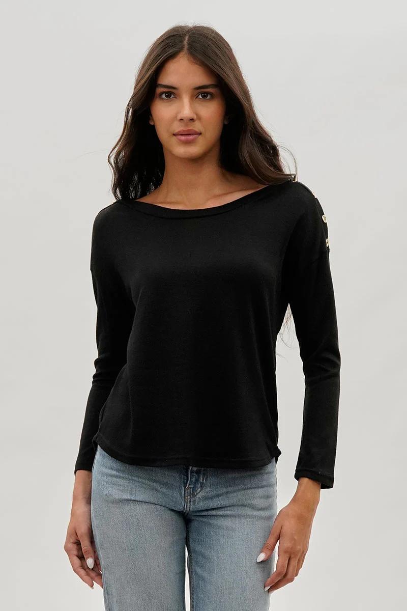 International INC Company Boat Neck Button Detail Pullover Sweater - Black