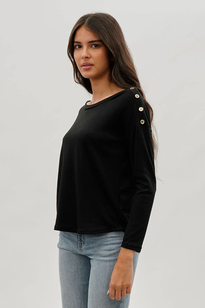 International INC Company Boat Neck Button Detail Pullover Sweater - Black - Image 2