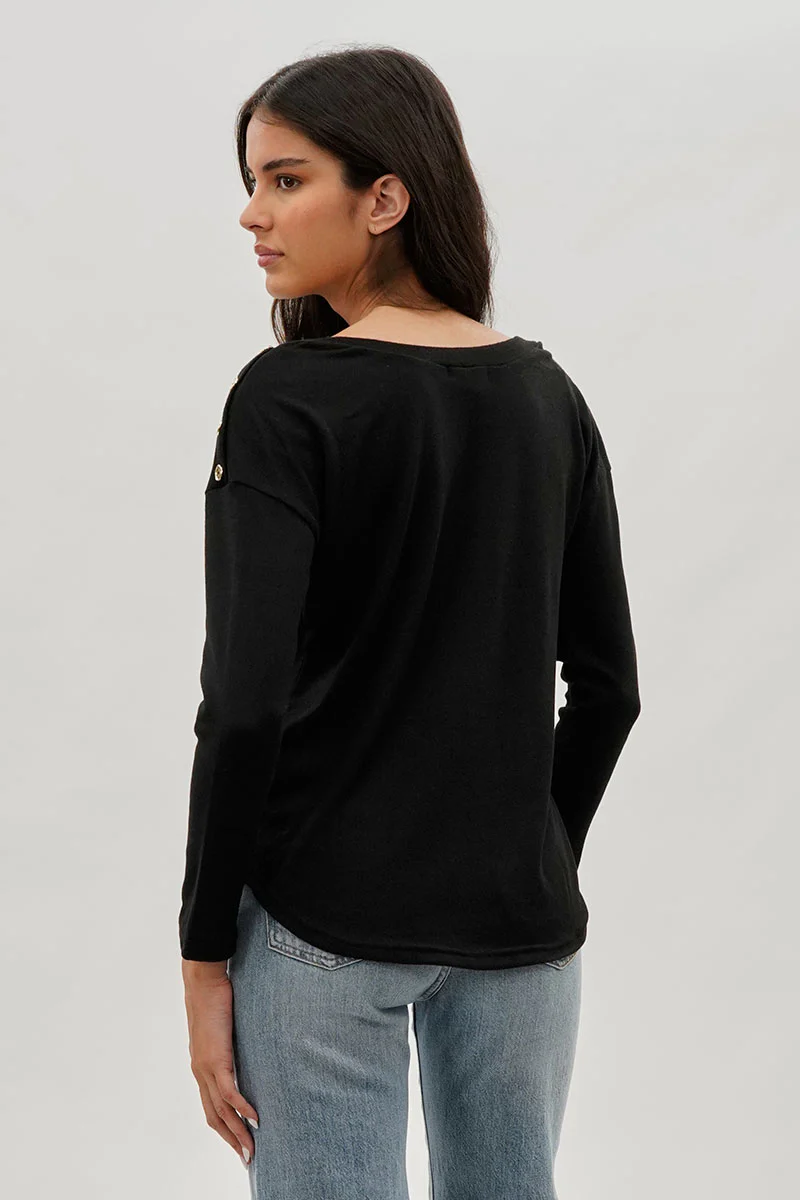 International INC Company Boat Neck Button Detail Pullover Sweater - Black - Image 3