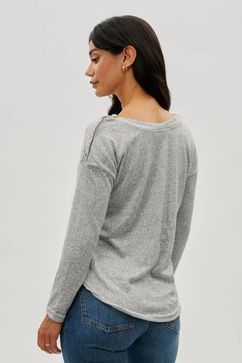 International INC Company Boat Neck Button Detail Pullover Sweater - Grey - Image 3