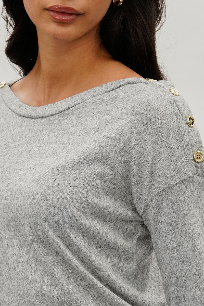 International INC Company Boat Neck Button Detail Pullover Sweater - Grey - Image 4