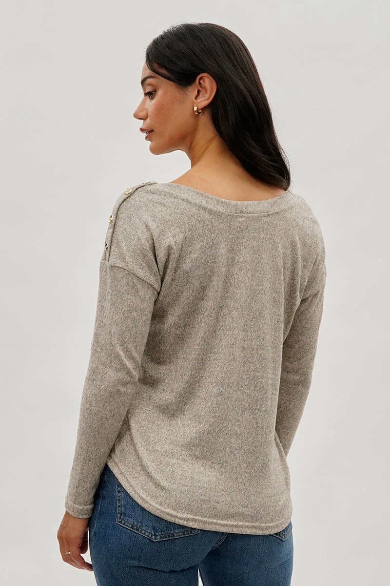 International INC Company Boat Neck Button Detail Pullover Sweater - Cream - Image 3