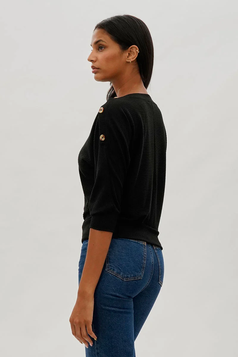 International INC Company Ribbed Shoulder Button Pullover Sweater - Black - Image 3
