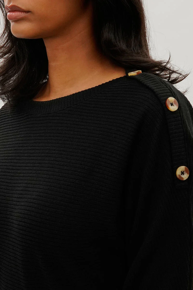 International INC Company Ribbed Shoulder Button Pullover Sweater - Black - Image 4