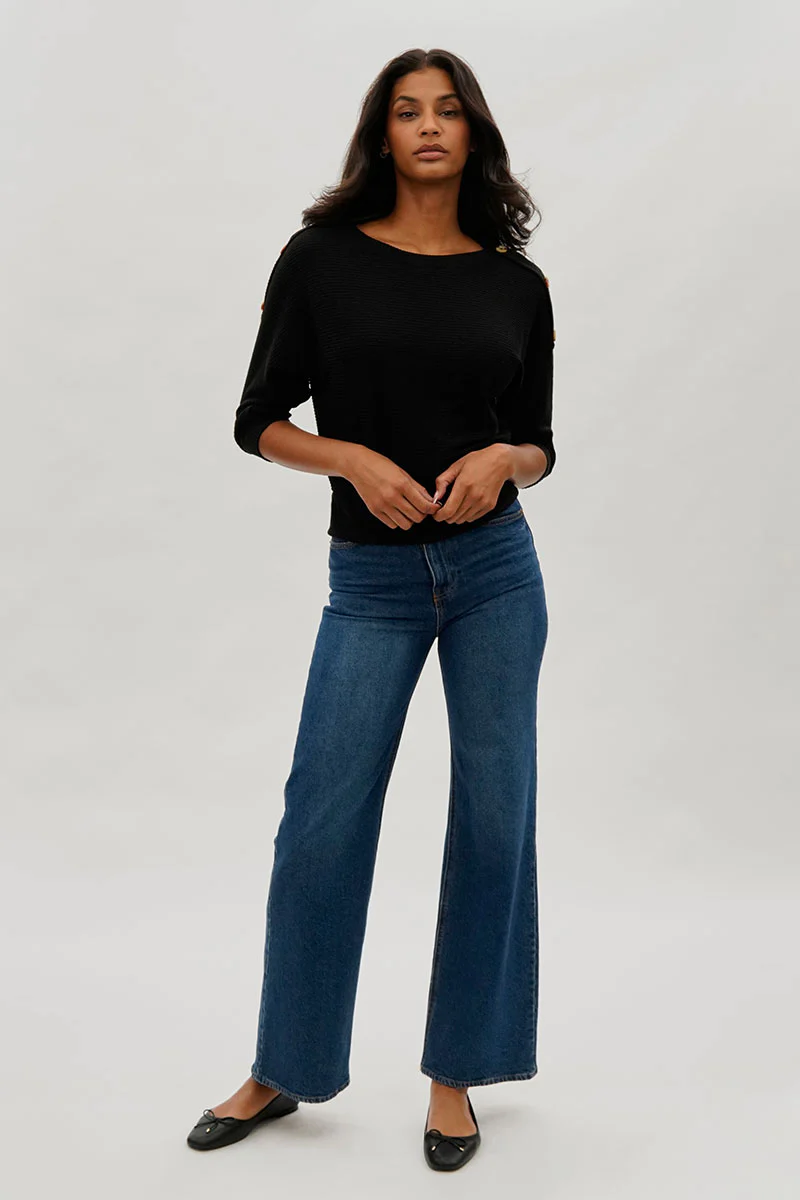 International INC Company Ribbed Shoulder Button Pullover Sweater - Black - Image 5