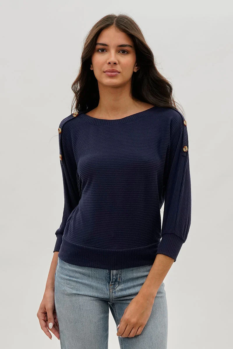 International INC Company Ribbed Button Detail Pullover Sweater - Navy