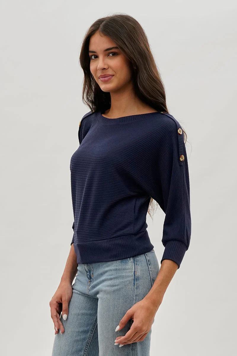 International INC Company Ribbed Button Detail Pullover Sweater - Navy - Image 2