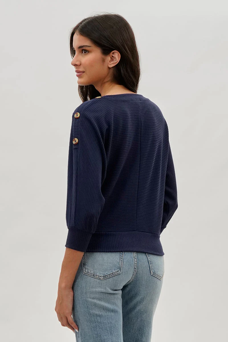 International INC Company Ribbed Button Detail Pullover Sweater - Navy - Image 3