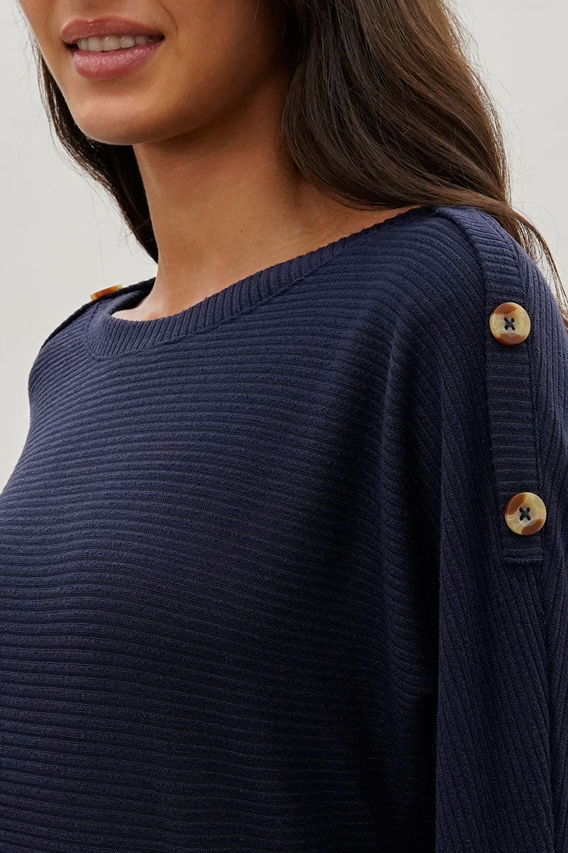 International INC Company Ribbed Button Detail Pullover Sweater - Navy - Image 4